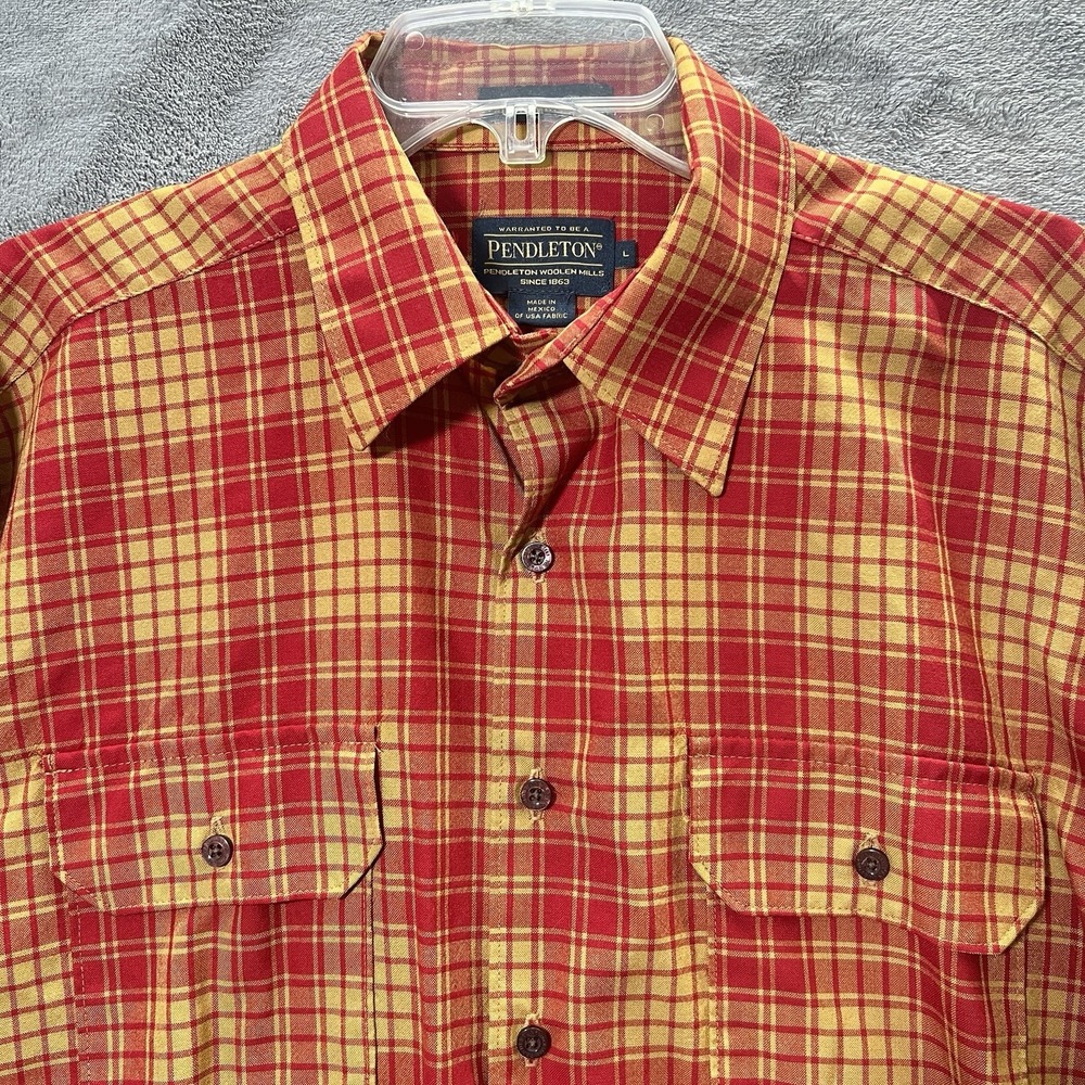 Sir Pendleton Mens 100% Wool Board Shirt L Red Plaid Long Sleeve Button Down